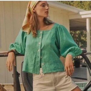 J. Crew Linen Square Neck Puffy 3/4 Sleeves Blouse, Small